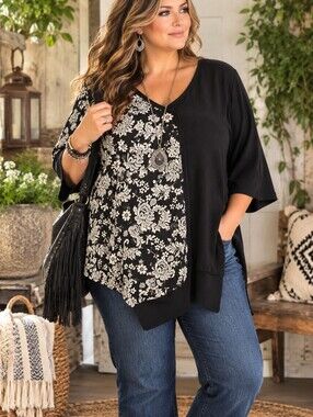 Yummy Plus 1X Black White Floral Knit Dolman 3/4 Sleeve Scoop Neck Tunic